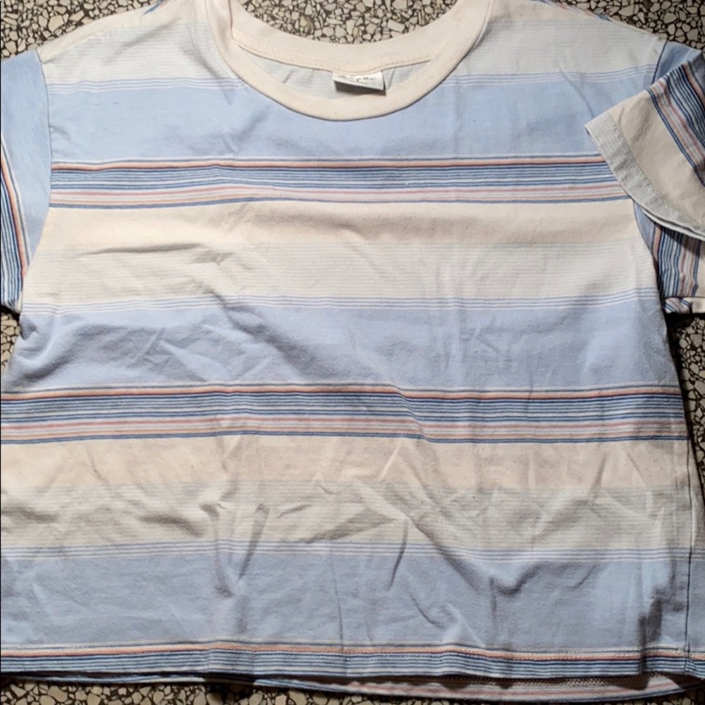 Blue, white and orange stripped cropped crew neck